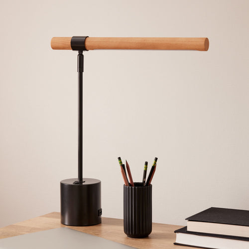 Wood Base LED Lamp with USB Port | Modern Wood LED Desk Lamp with USB | Compact LED Table Lamp – Wood & USB | Axis Compact Swivel Wood LED Table Lamp with USB (18”)