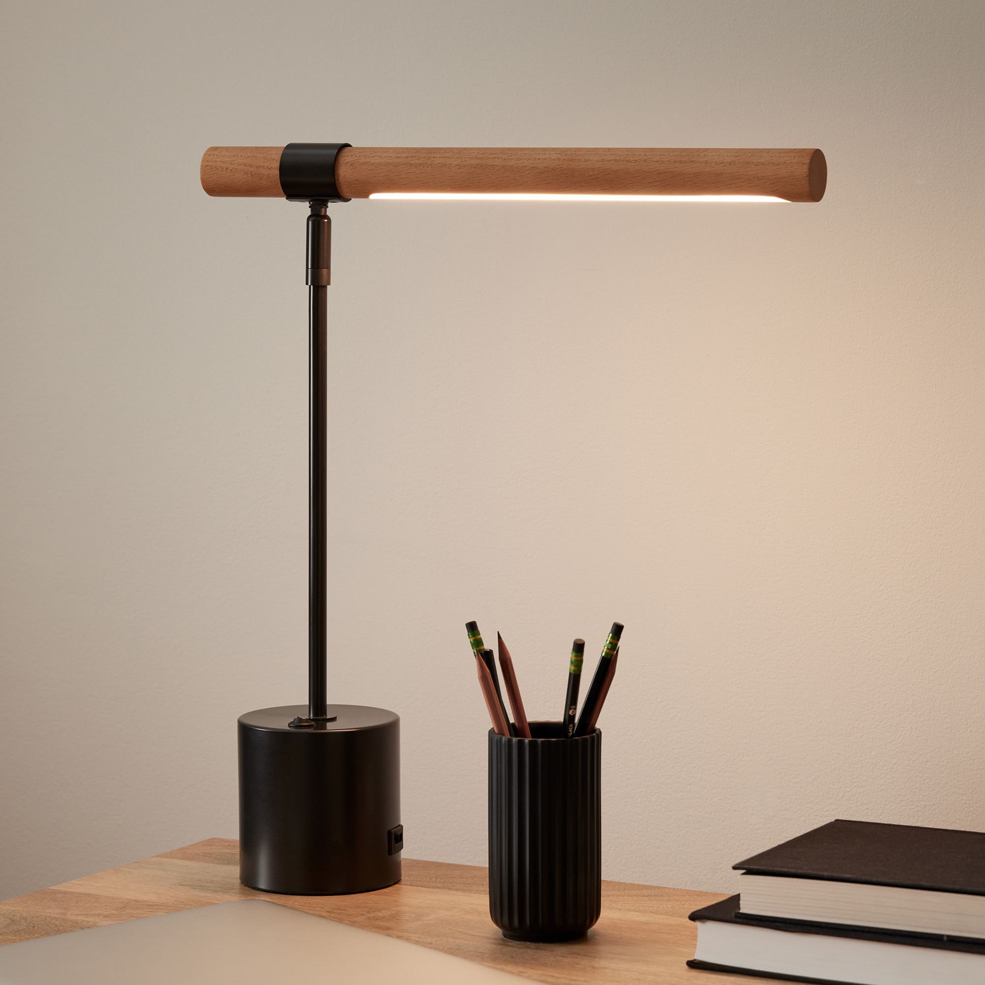 Wood Base LED Lamp with USB Port | Modern Wood LED Desk Lamp with USB | Compact LED Table Lamp – Wood & USB | Axis Compact Swivel Wood LED Table Lamp with USB (18”)