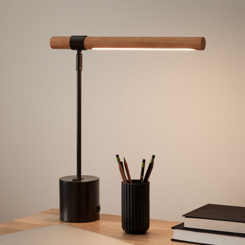 Wood Base LED Lamp with USB Port | Modern Wood LED Desk Lamp with USB | Compact LED Table Lamp – Wood & USB | Axis Compact Swivel Wood LED Table Lamp with USB (18”)