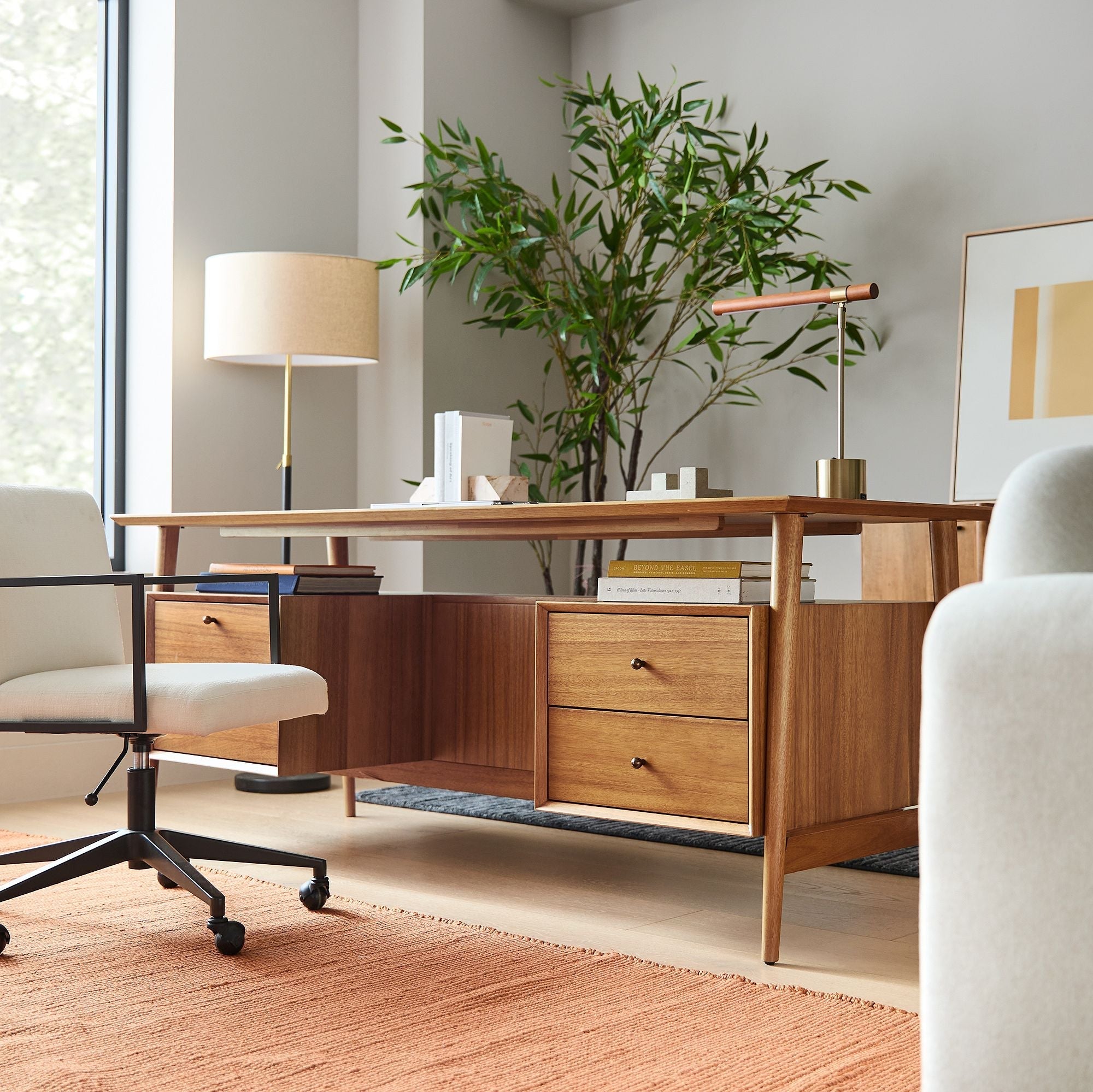 Wood Base LED Lamp with USB Port | Modern Wood LED Desk Lamp with USB | Compact LED Table Lamp – Wood & USB | Axis Compact Swivel Wood LED Table Lamp with USB (18”)
