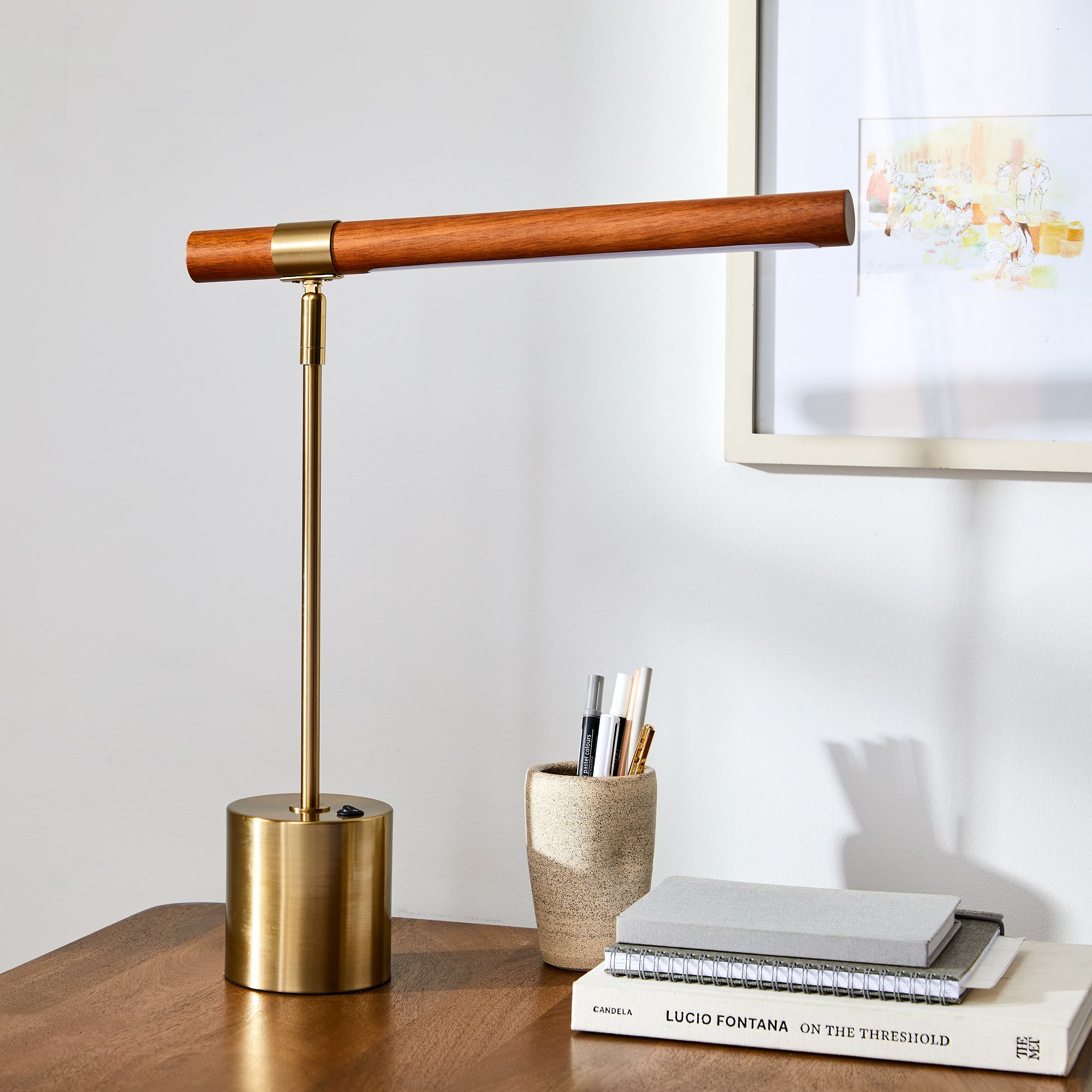 Wood Base LED Lamp with USB Port | Modern Wood LED Desk Lamp with USB | Compact LED Table Lamp – Wood & USB | Axis Compact Swivel Wood LED Table Lamp with USB (18”)