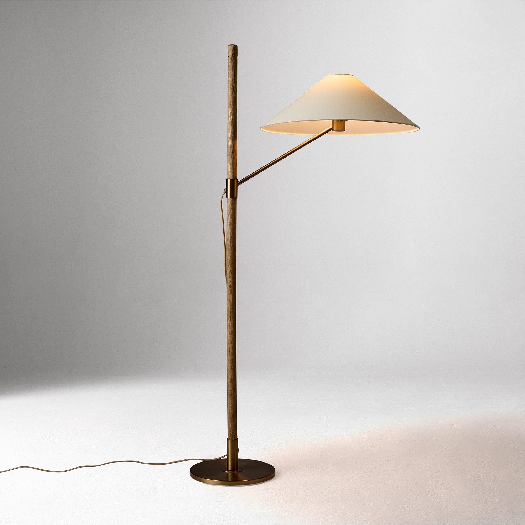 Devon Floor Lamp 64" – Antique Brass & Ash Wood | Modern Ambient Lighting