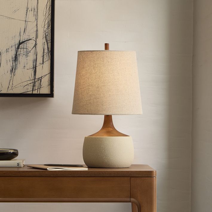 Bingley Ceramic & Wood Table Lamp by Walker & Co – Natural Linen Shade, 16.5"-22", UL Certified Lighting