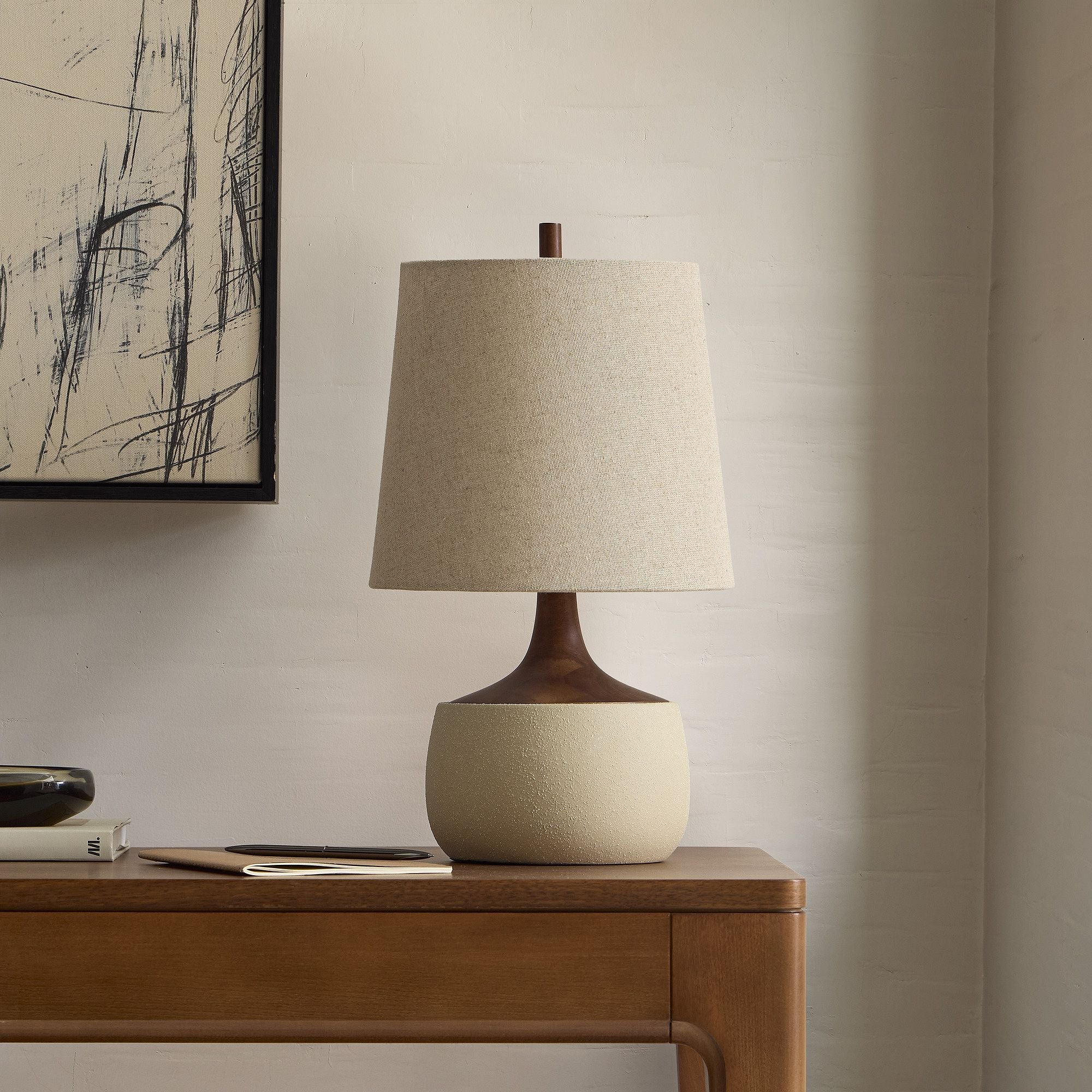 Bingley Ceramic & Wood Table Lamp by Walker & Co – Natural Linen Shade, 16.5"-22", UL Certified Lighting