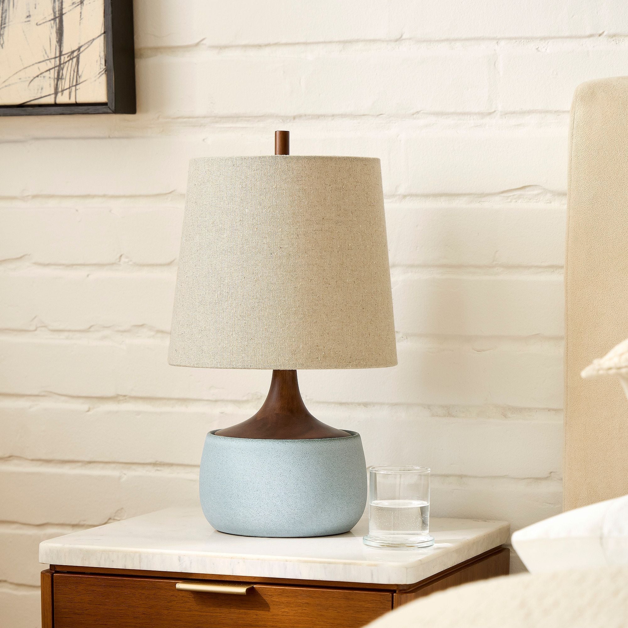 Bingley Ceramic & Wood Table Lamp by Walker & Co – Natural Linen Shade, 16.5"-22", UL Certified Lighting