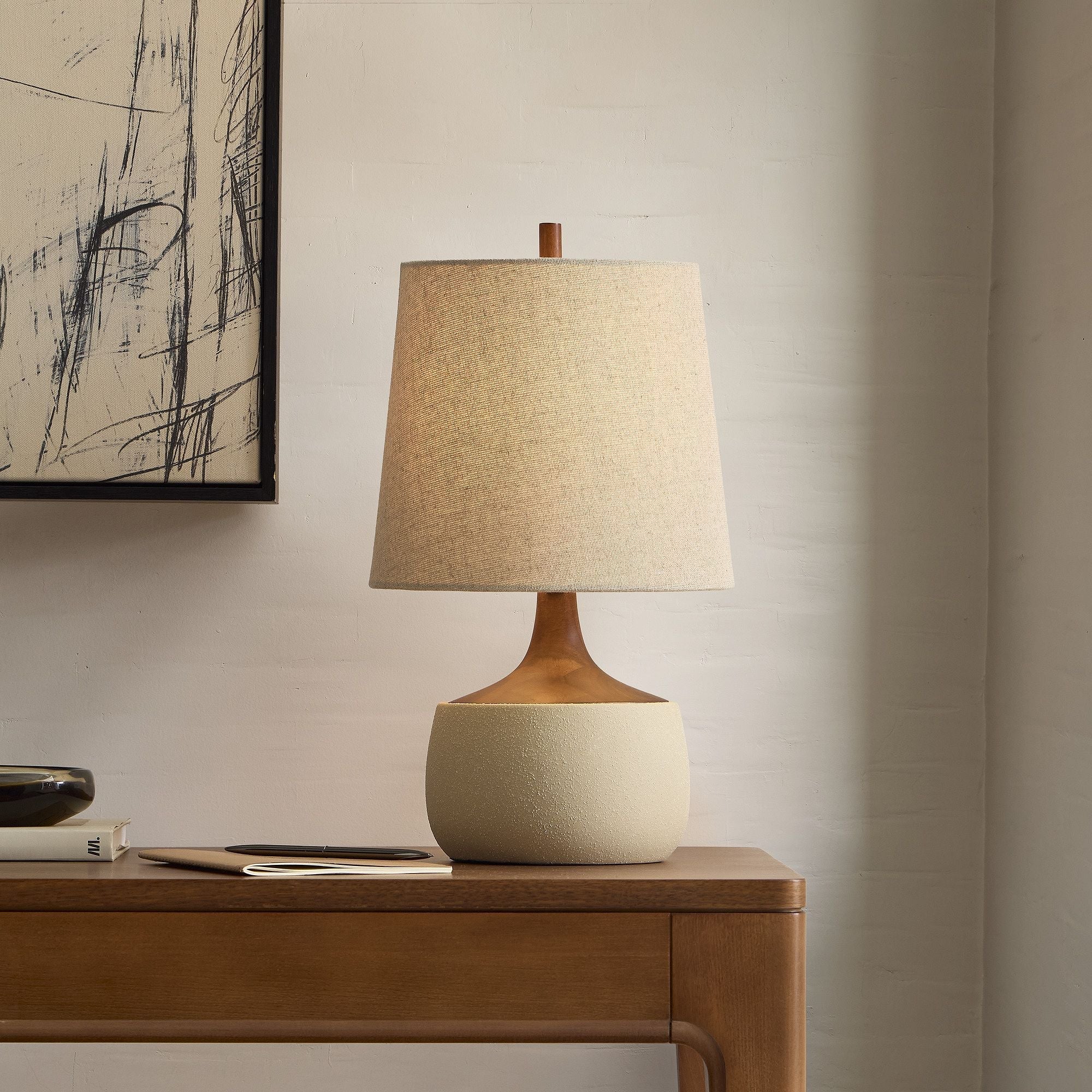 Bingley Ceramic & Wood Table Lamp by Walker & Co – Natural Linen Shade, 16.5"-22", UL Certified Lighting