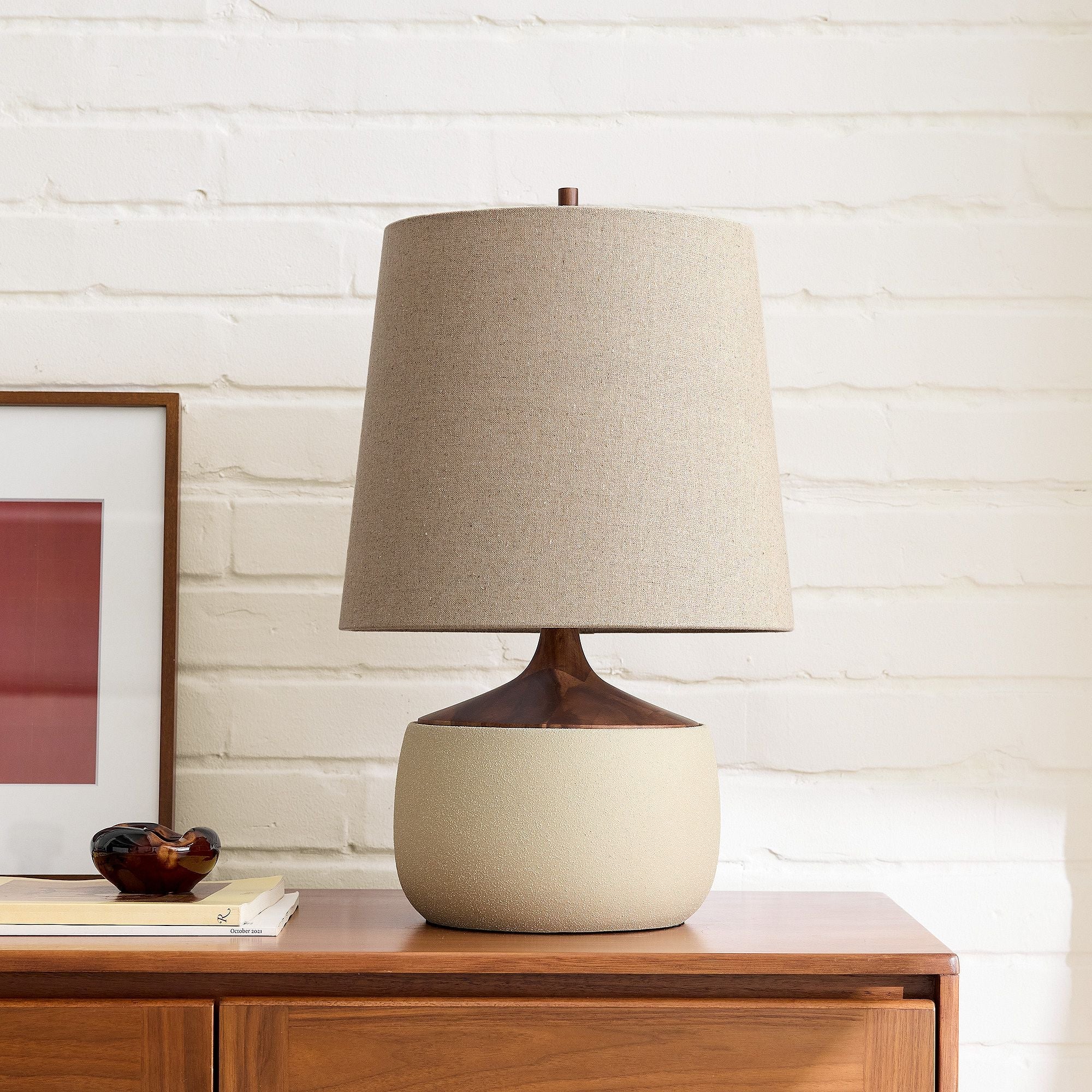 Bingley Ceramic & Wood Table Lamp by Walker & Co – Natural Linen Shade, 16.5"-22", UL Certified Lighting