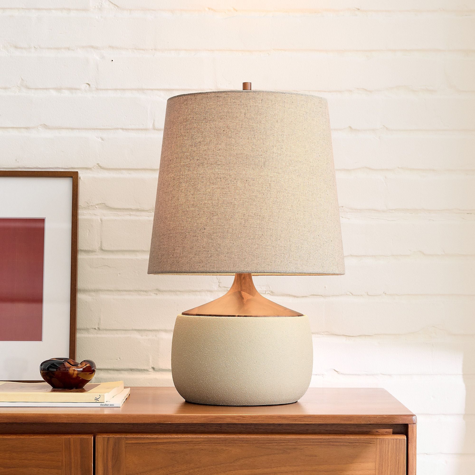 Bingley Ceramic & Wood Table Lamp by Walker & Co – Natural Linen Shade, 16.5"-22", UL Certified Lighting